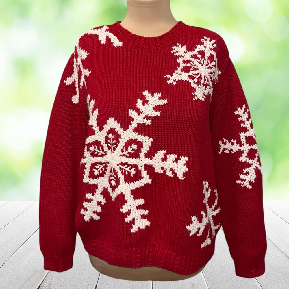 Vintage LIZ CLAIBORNE Embroidered Christmas Sweater Big Snowflakes Red Size M